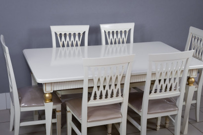 Комплект мебели для кухни стол Милан белый с золотом и шесть стульев Инфинити белый с золотом, сиденье велюр бежевый