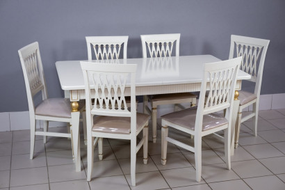 Комплект мебели для кухни стол Милан белый с золотом и шесть стульев Инфинити белый с золотом, сиденье велюр бежевый