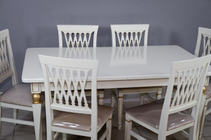 Комплект мебели для кухни стол Милан белый с золотом и шесть стульев Инфинити белый с золотом, сиденье велюр бежевый