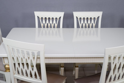 Комплект мебели для кухни стол Милан белый с золотом и шесть стульев Инфинити белый с золотом, сиденье велюр бежевый