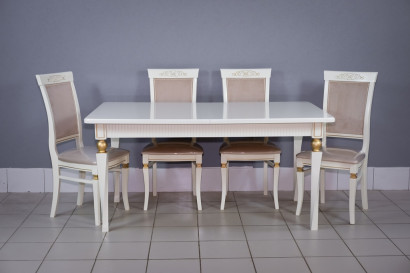 Комплект мебели для кухни стол Милан белый с золотом и четыре стула Эдем белый с золотом, сиденье велюр бежевый