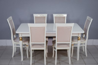 Комплект мебели для кухни стол Милан белый с золотом и шесть стульев Эдем белый с золотом, сиденье велюр бежевый