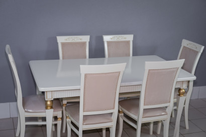 Комплект мебели для кухни стол Милан белый с золотом и шесть стульев Эдем белый с золотом, сиденье велюр бежевый