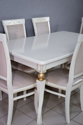 Комплект мебели для кухни стол Милан белый с золотом и шесть стульев Эдем белый с золотом, сиденье велюр бежевый