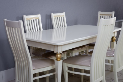 Комплект мебели для кухни стол Милан белый с золотом и шесть стульев Вегас белый, сиденье велюр бежевый