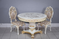 Комплект мебели для кухни стол Голд круглый слоновая кость в золоте и два стула Силики белый в золоте, сиденье жаккард