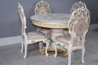 Комплект мебели для кухни стол Голд слоновая кость в золоте и четыре стула Силики белый в золоте, сиденье жаккард. 