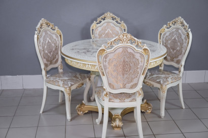 Комплект мебели для кухни стол Голд слоновая кость в золоте и четыре стула Силики белый в золоте, сиденье жаккард. 