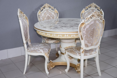  Комплект мебели для кухни стол Голд слоновая кость в золоте и четыре стула Силики белый в золоте, сиденье жаккард. 