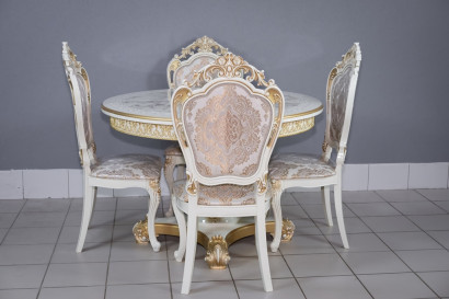  Комплект мебели для кухни стол Голд слоновая кость в золоте и четыре стула Силики белый в золоте, сиденье жаккард. 