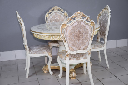  Комплект мебели для кухни стол Голд слоновая кость в золоте и четыре стула Силики белый в золоте, сиденье жаккард. 