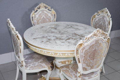  Комплект мебели для кухни стол Голд слоновая кость в золоте и четыре стула Силики белый в золоте, сиденье жаккард. 