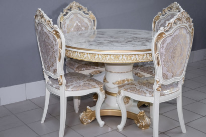  Комплект мебели для кухни стол Голд слоновая кость в золоте и четыре стула Силики белый в золоте, сиденье жаккард. 