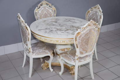  Комплект мебели для кухни стол Голд слоновая кость в золоте и четыре стула Силики белый в золоте, сиденье жаккард. 