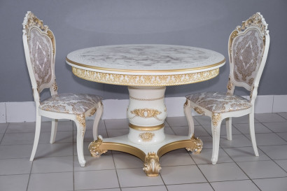  Комплект мебели для кухни стол Голд слоновая кость в золоте и два стула Шейх белый в золоте, сиденье жаккард.