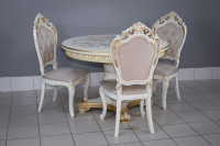 Комплект мебели для кухни стол Голд слоновая кость в золоте и три стула Шейх белый в золоте, сиденье велюр, спинка с каретной стяжкой