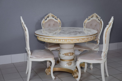 Комплект мебели для кухни стол Голд слоновая кость в золоте и четыре стула Шейх белый в золоте, сиденье велюр, спинка с каретной стяжкой