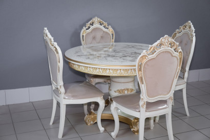 Комплект мебели для кухни стол Голд слоновая кость в золоте и четыре стула Шейх белый в золоте, сиденье велюр, спинка с каретной стяжкой