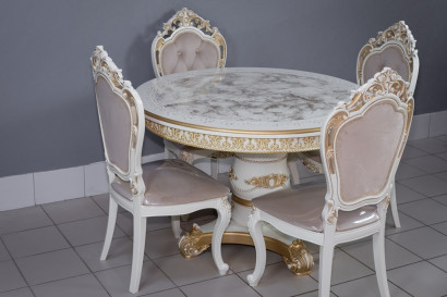 Комплект мебели для кухни стол Голд слоновая кость в золоте и четыре стула Шейх белый в золоте, сиденье велюр, спинка с каретной стяжкой