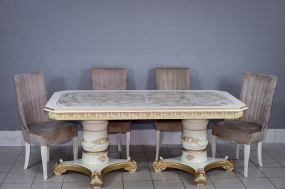 Кухонный стол Голд прямоугольный со скошенными углами слоновая кость золото