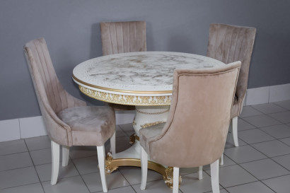 Комплект мебели для кухни стол Голд слоновая кость в золоте и четыре стула Сурен белый, сиденье бежевый велюр.